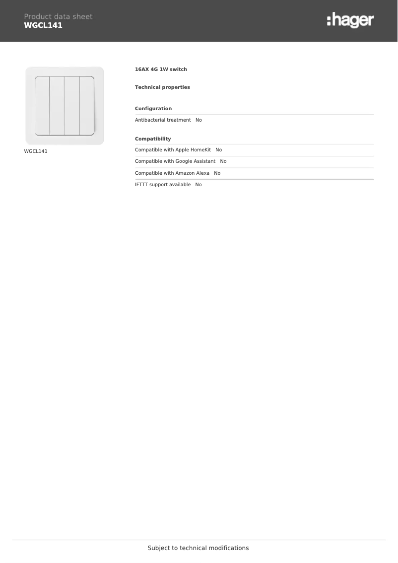 Page 1 de la notice Fiche technique Hager WGCL141
