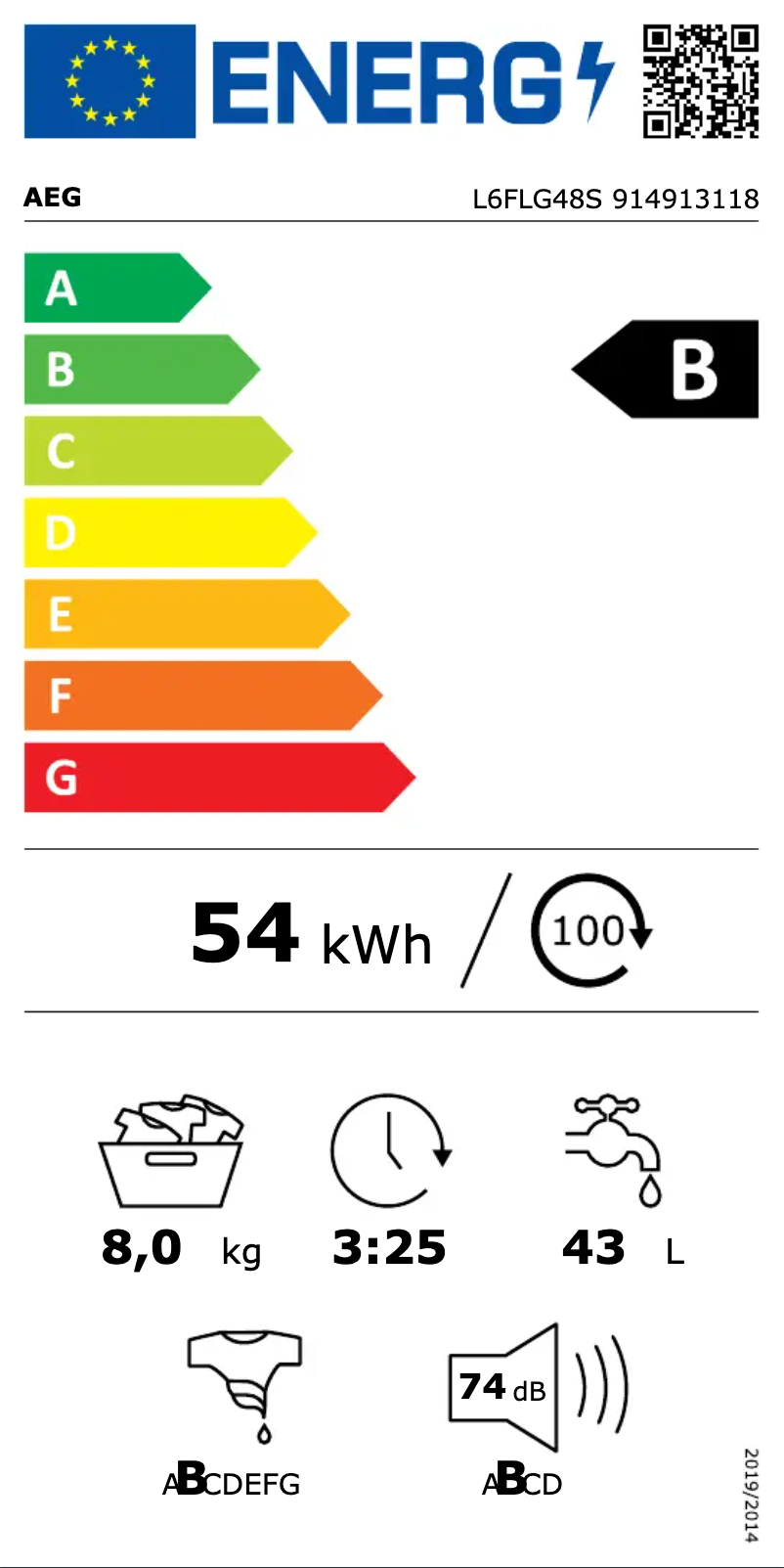 Page 1 de la notice Label énergétique AEG L6FLG48S