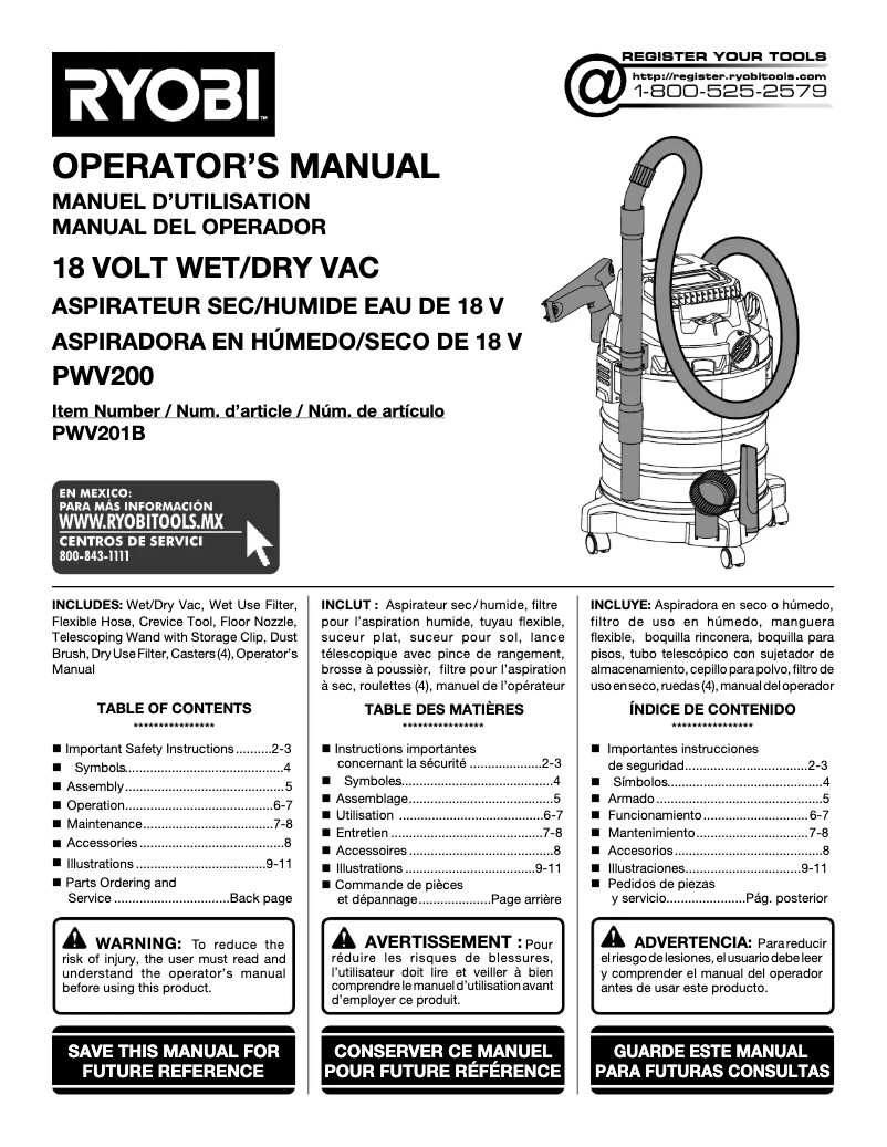 Page 1 de la notice Manuel utilisateur RYOBI PWV201B