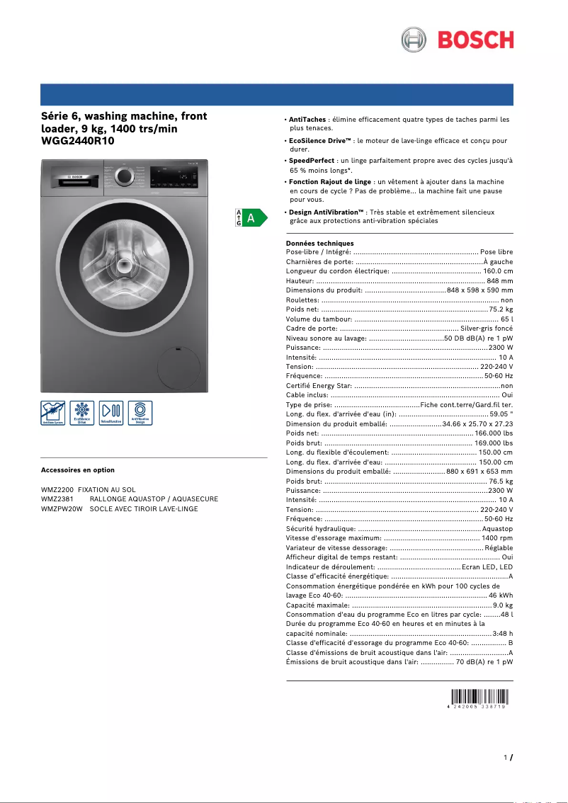 Page 1 of the manual Technical Sheet Bosch WGG2440R10