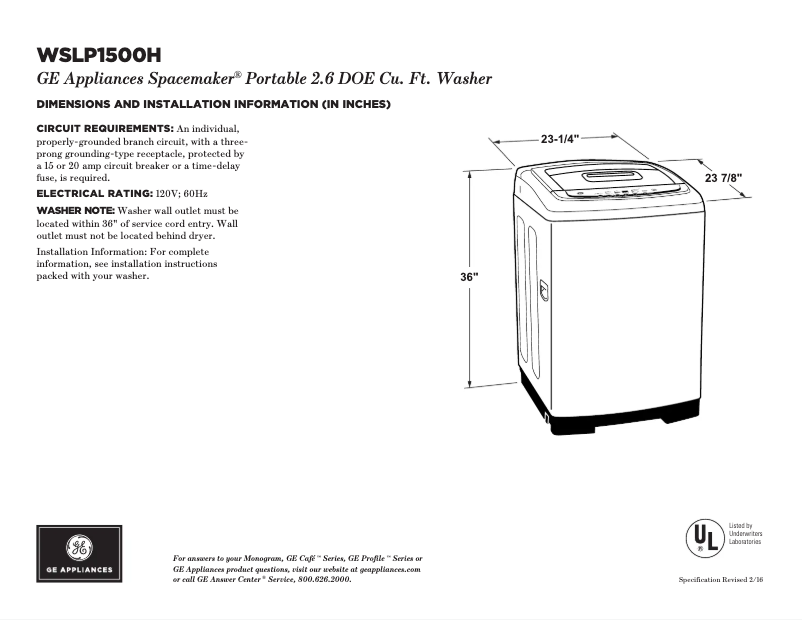 Page 1 of the manual Technical Sheet GE WSLP1500HWW