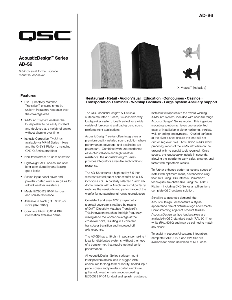 Page 1 de la notice Fiche technique QSC AcousticDesign AD-S6T