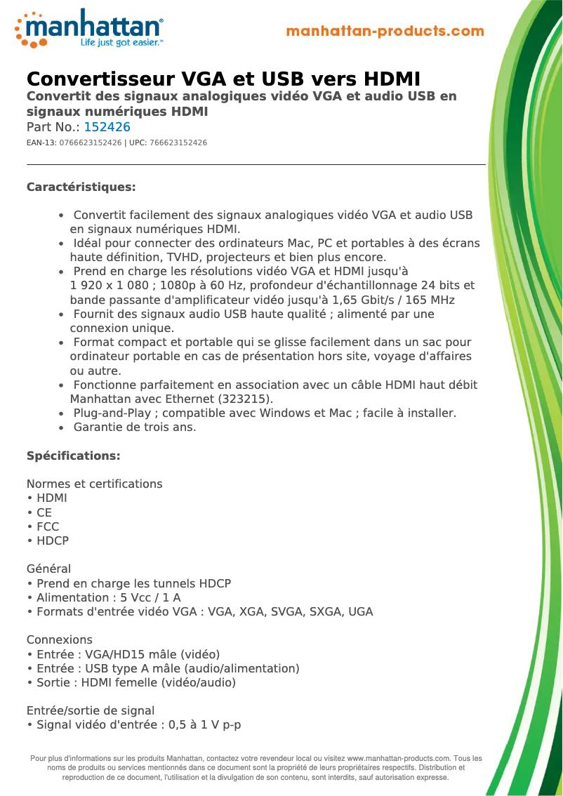 Page 1 de la notice Fiche technique Manhattan 152426