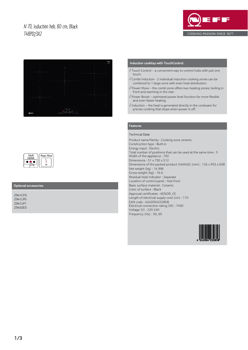 Página 1 del manual Ficha técnica Neff T48PD23X2