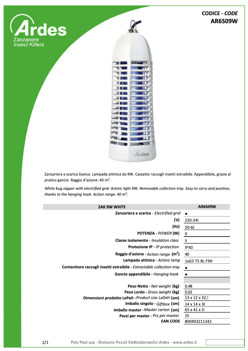 Page 1 de la notice Fiche technique Ardes AR6S09W