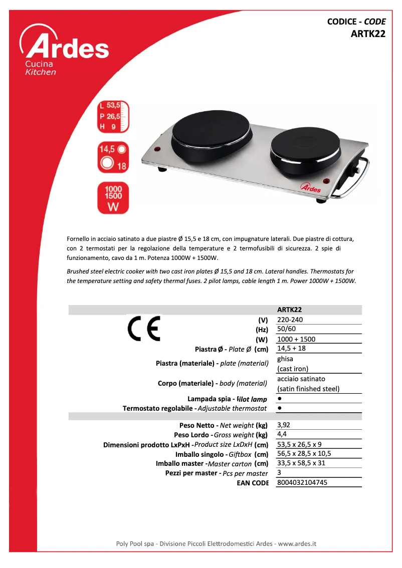Page 1 de la notice Fiche technique Ardes ARTK22