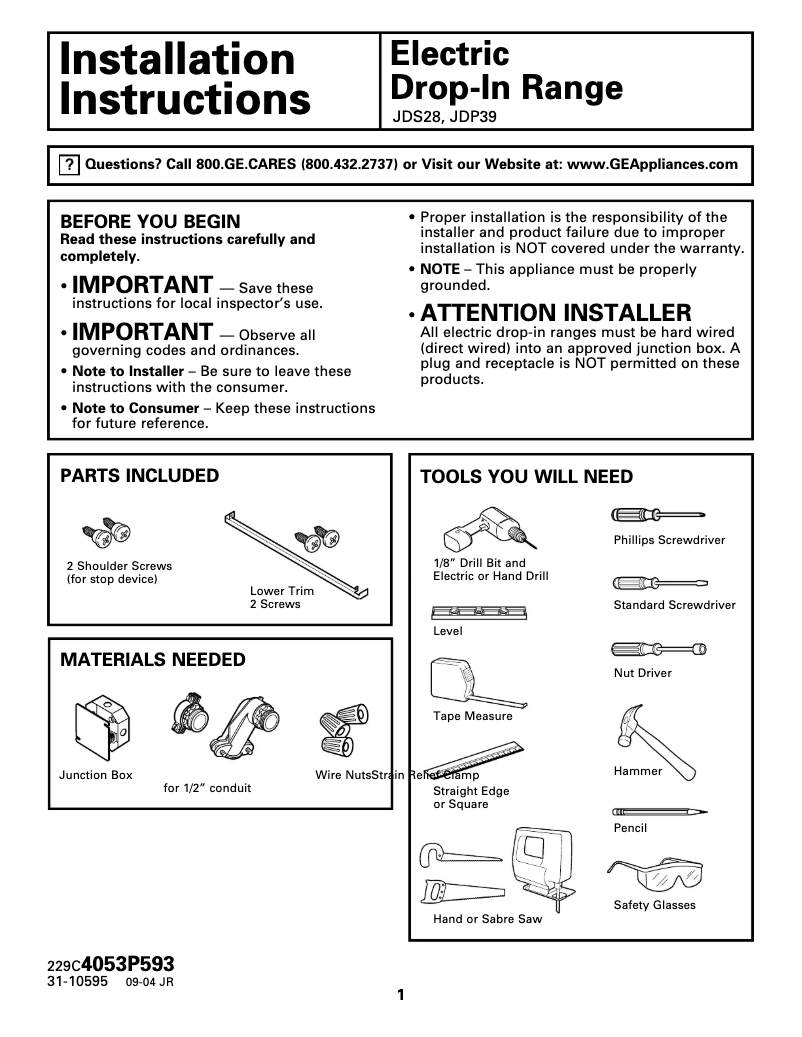 Página 1 del manual Guía de instalación GE JDP39WWWW
