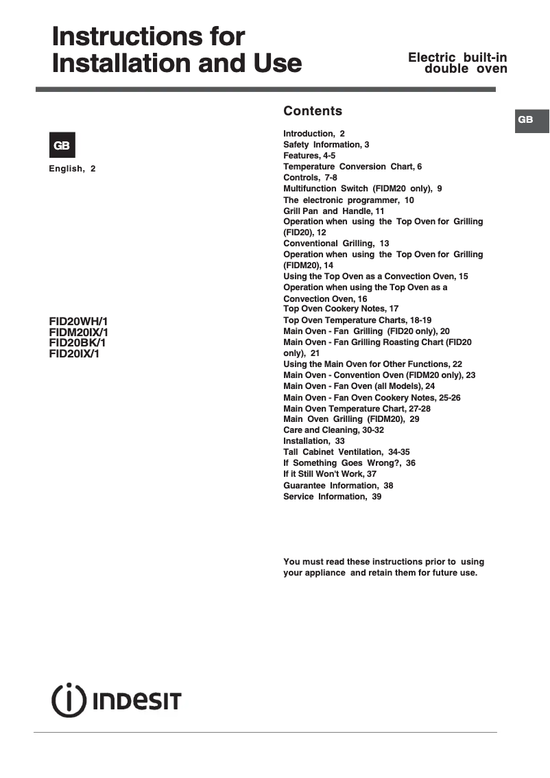 Página 1 del manual Manual de usuario Indesit FID20BK/1