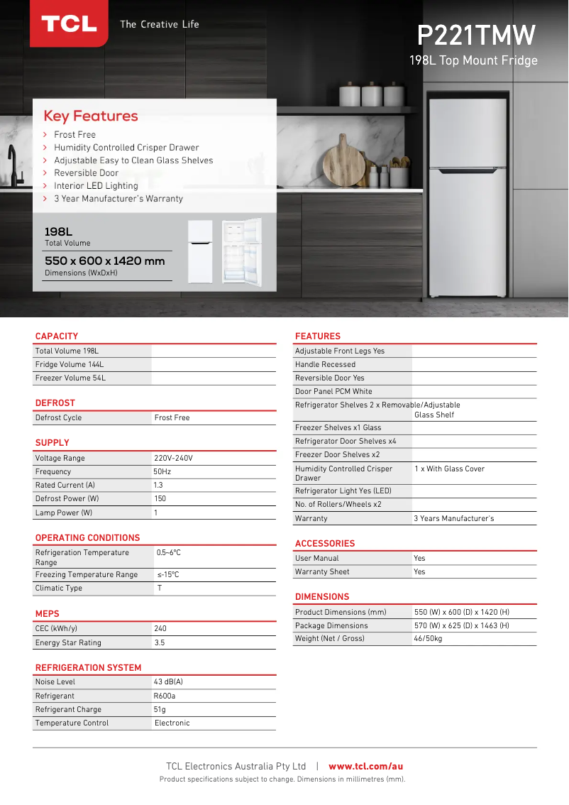 Page 1 of the manual Technical Sheet TCL P221TMW