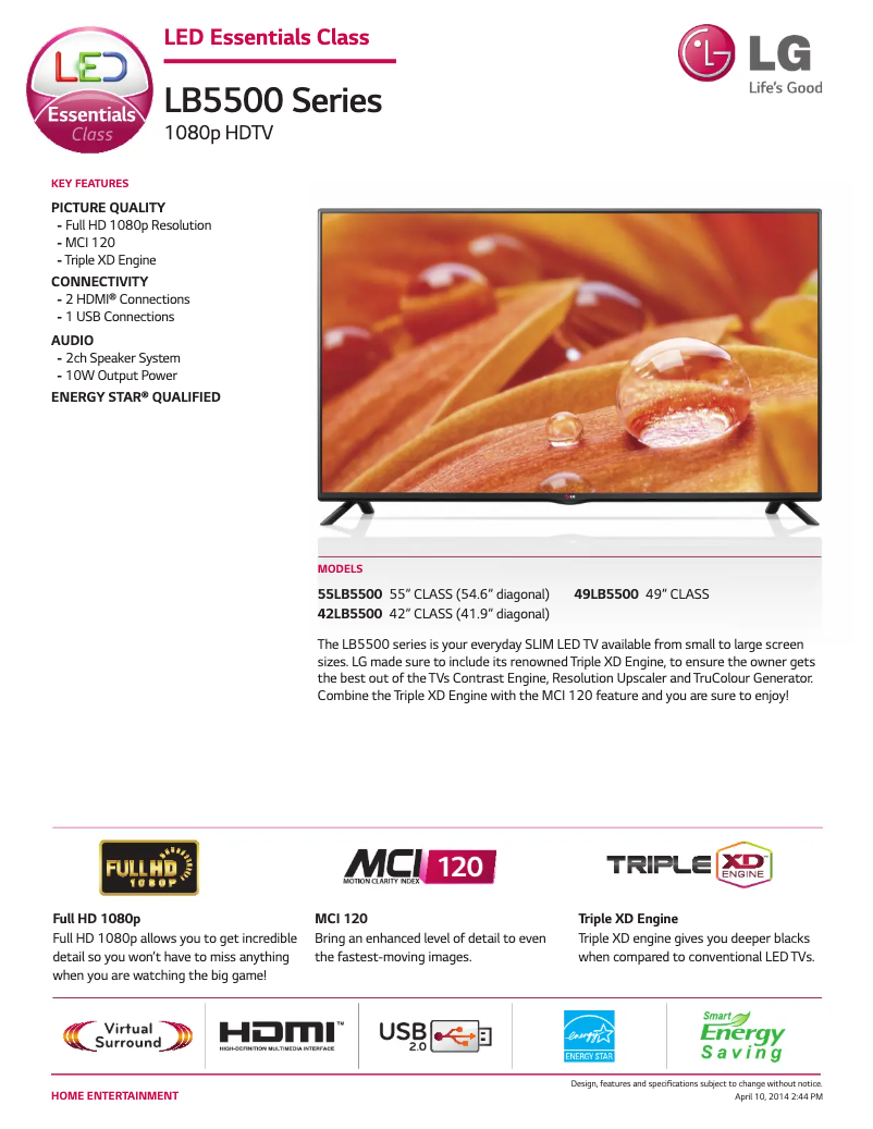 Page 1 de la notice Fiche technique LG 49LB5500