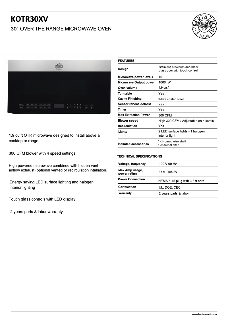 Página 1 del manual Ficha técnica Bertazzoni KOTR30XV
