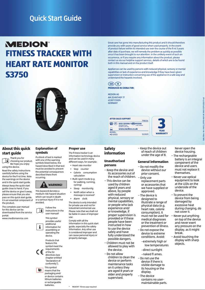 Page 1 de la notice Guide de démarrage rapide Medion LIFE S3750 (MD 61613)