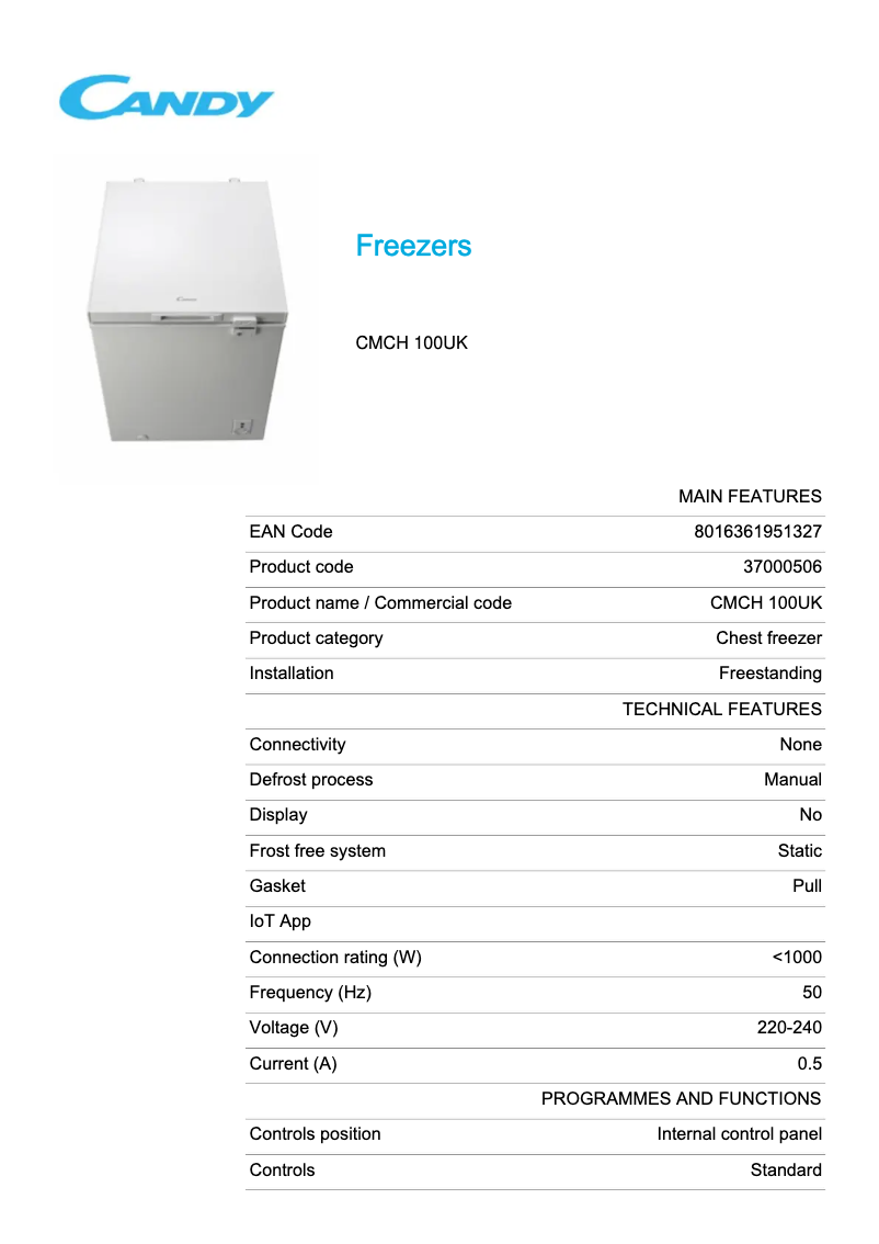 Page 1 de la notice Fiche technique Candy CMCH 100UK
