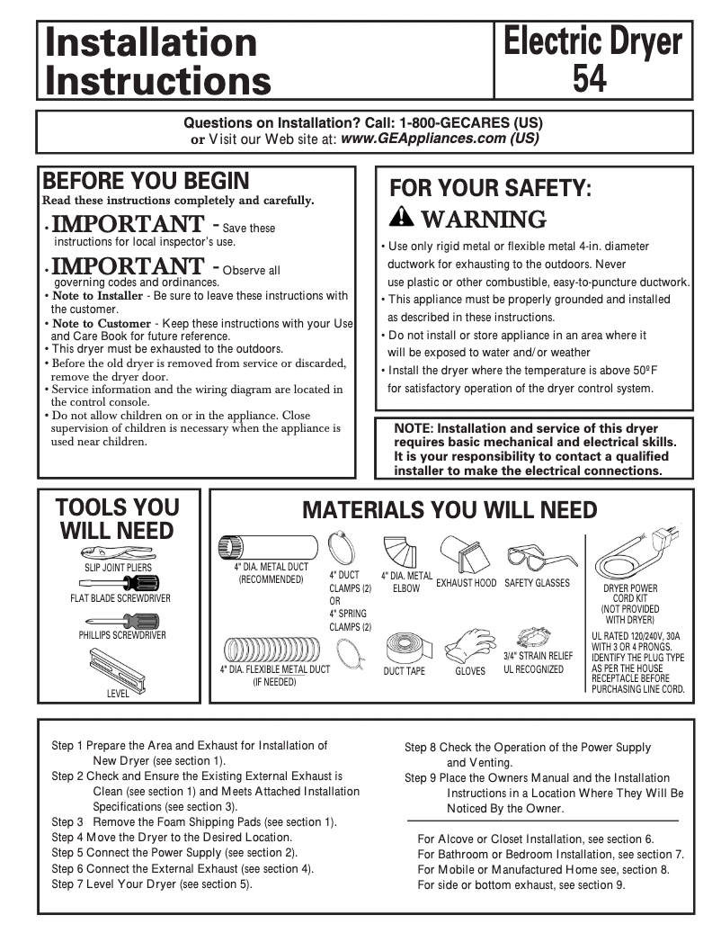 Página 1 del manual Guía de instalación GE DBVH510EHWW