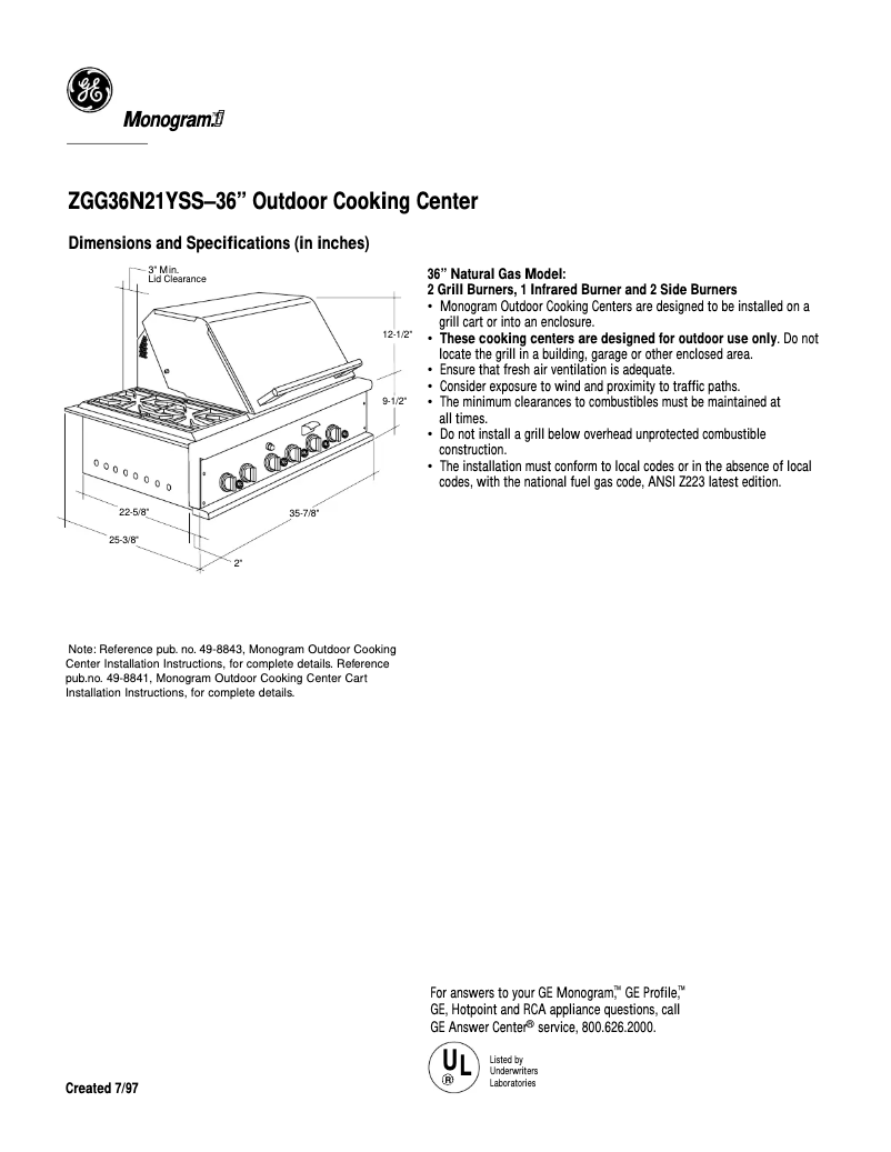 Page 1 of the manual Technical Sheet GE ZGG36N21YSS