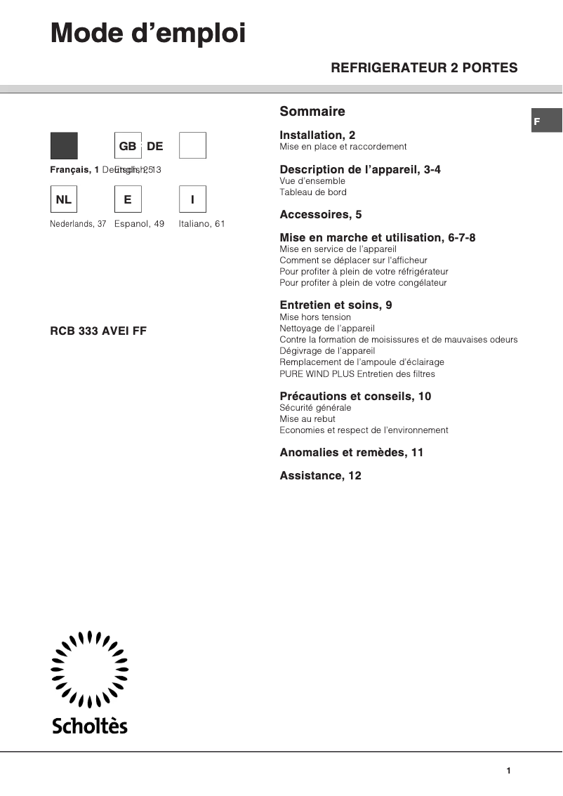 Page 1 de la notice Manuel utilisateur Scholtès RS 2332 V L