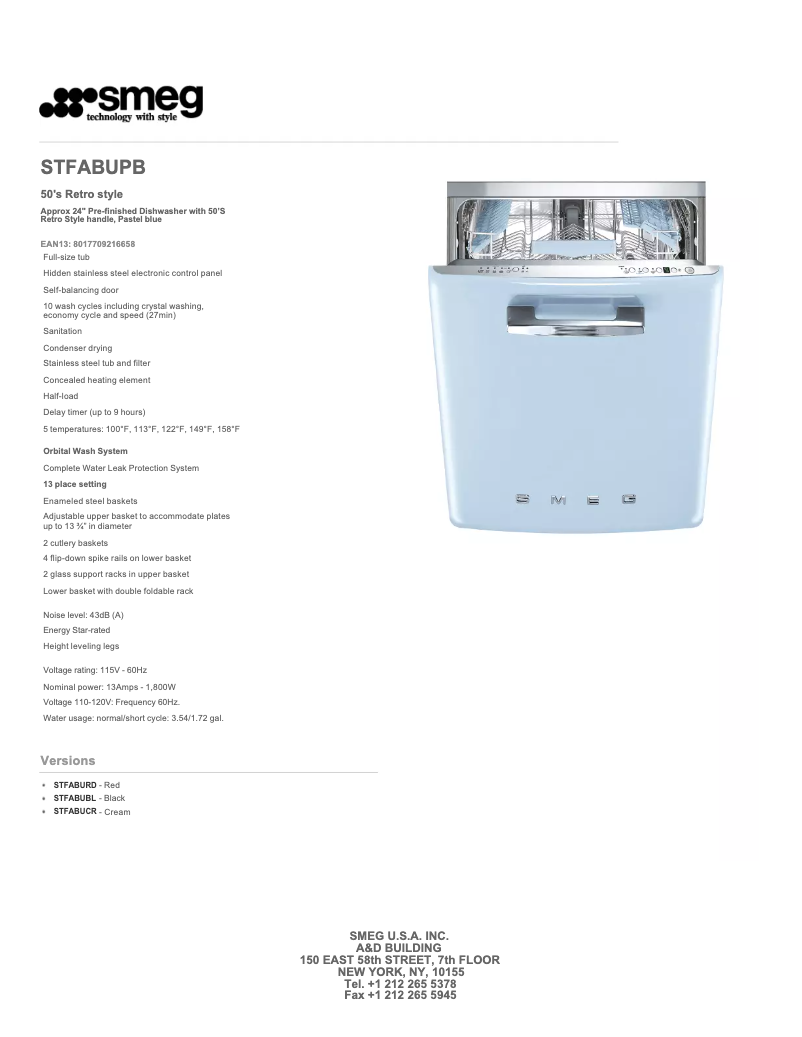 Page 1 de la notice Fiche technique Smeg STFABU
