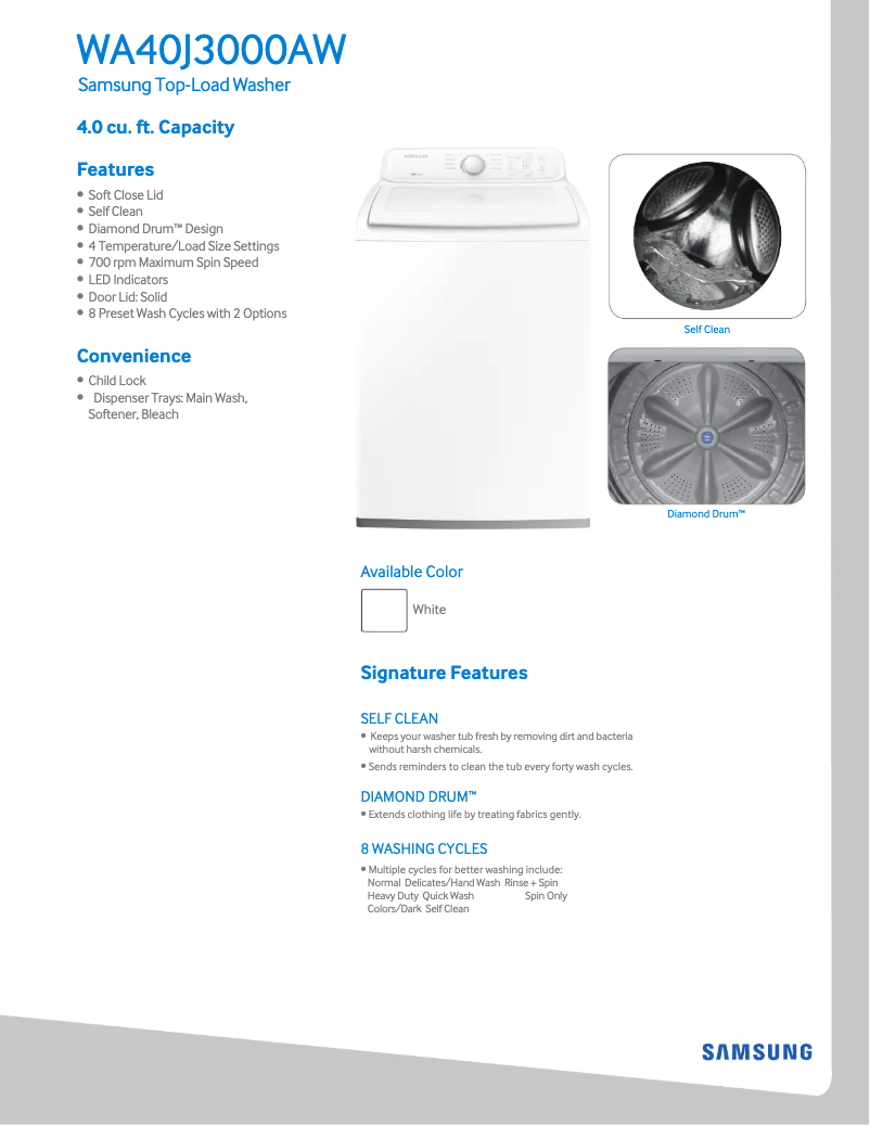 Página 1 del manual Ficha técnica Samsung WA40J3000AW