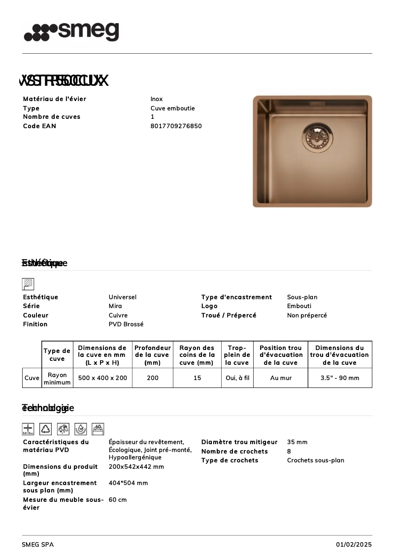 Page 1 de la notice Manuel utilisateur Smeg VSTR50CUX