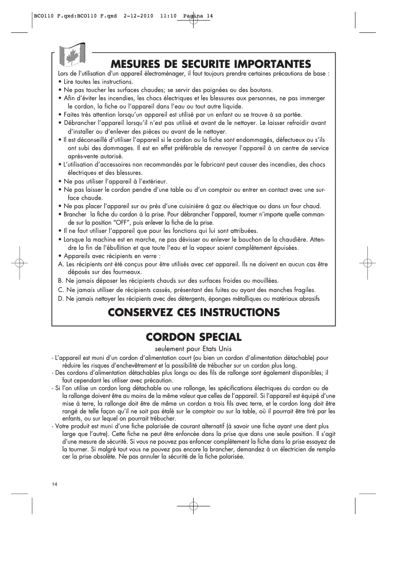 Page 1 de la notice Manuel utilisateur DeLonghi BCO 110