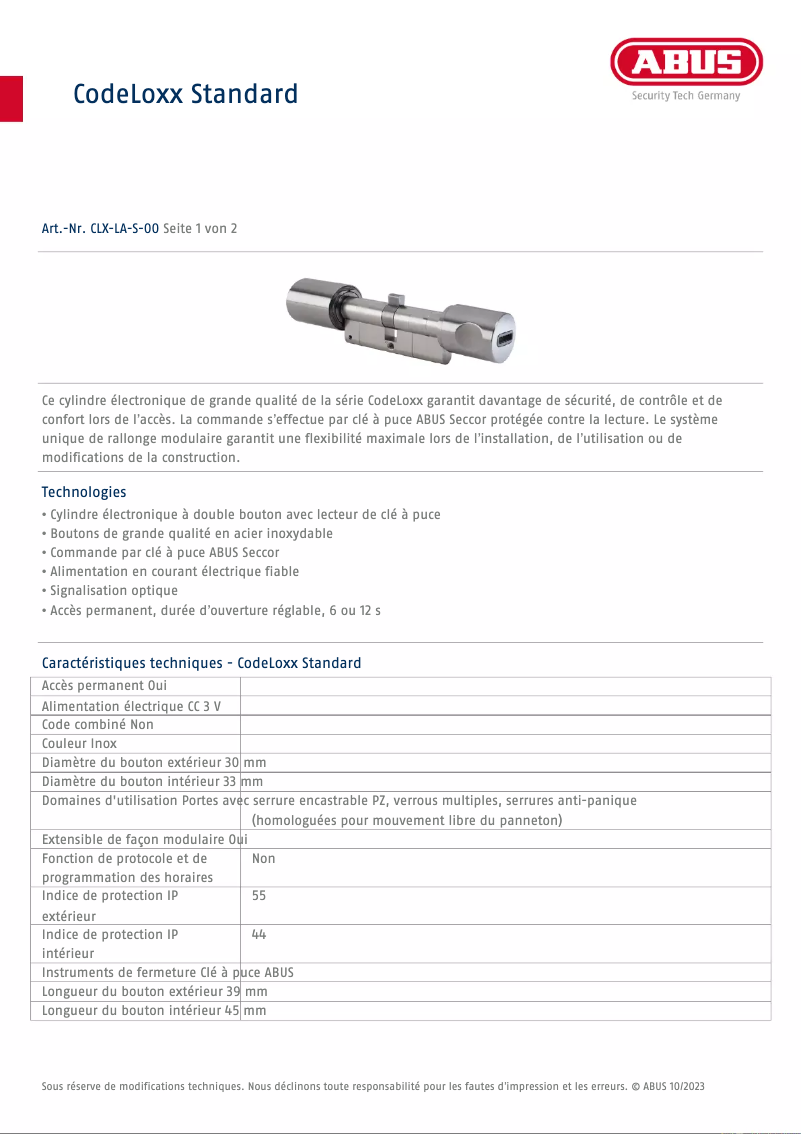 Page 1 de la notice Fiche technique Abus CLX-LA-S-00