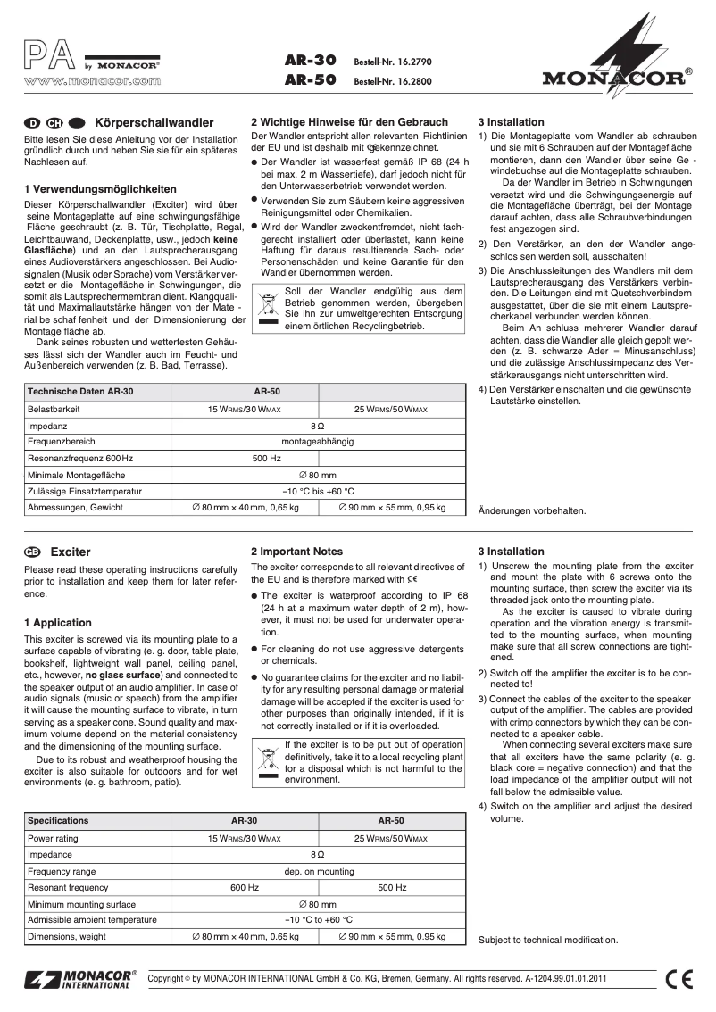 Page 1 de la notice Manuel utilisateur Monacor AR-30
