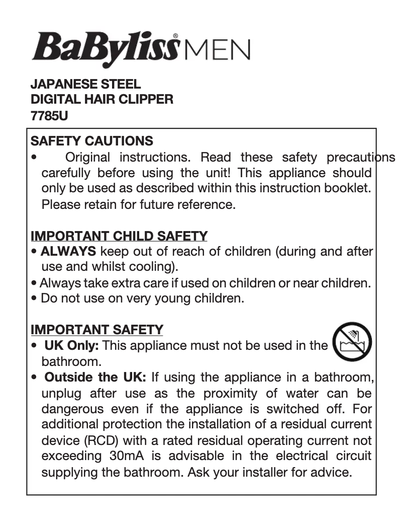 Page 1 de la notice Manuel utilisateur BaByliss Japanese Steel 7785U