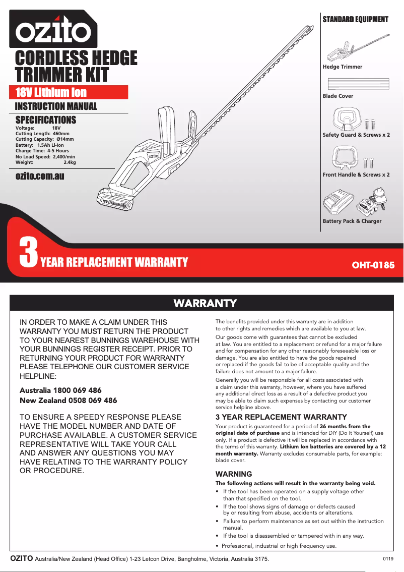 Page 1 de la notice Manuel utilisateur Ozito OHT-0185