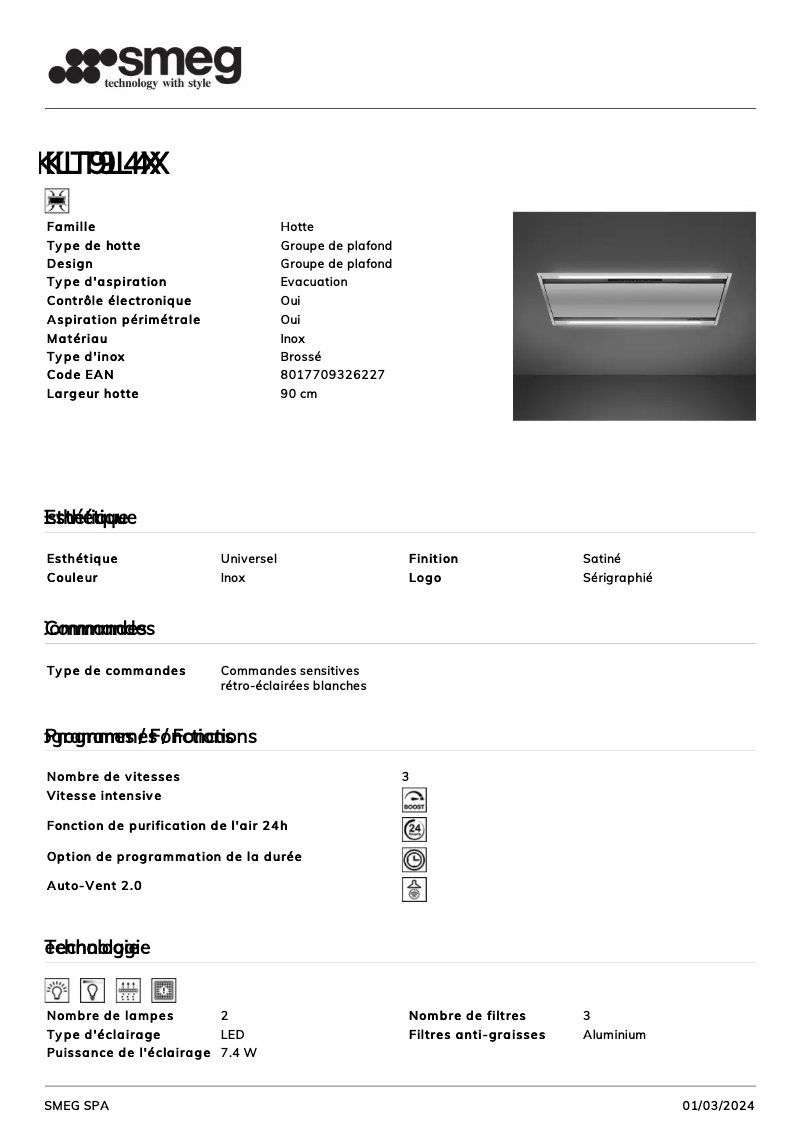 Page 1 de la notice Fiche technique Smeg KLT9L4X