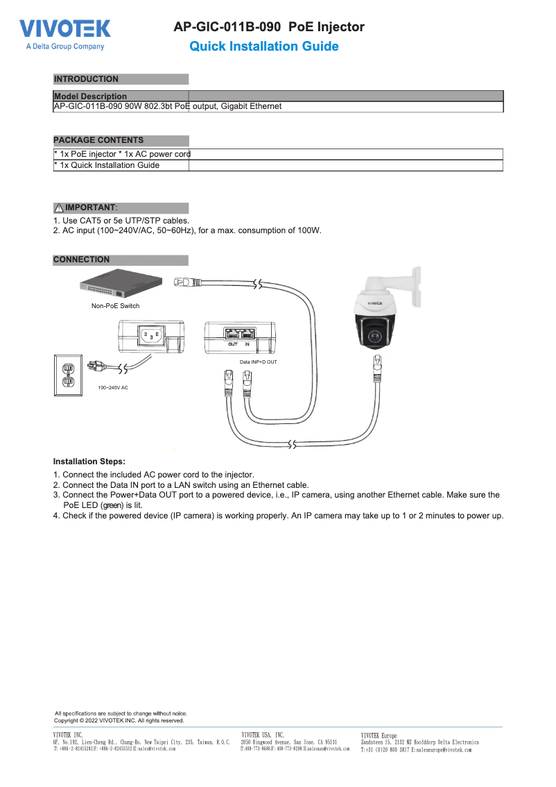 Page 1 de la notice Mode d'emploi Vivotek AP-GIC-011B-090