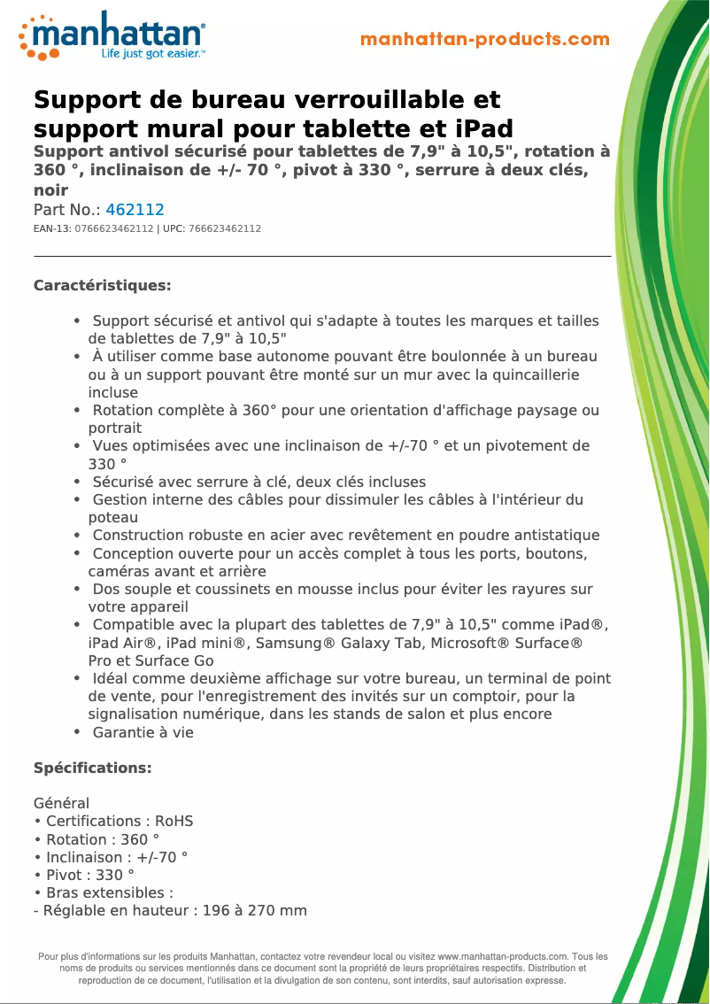 Page 1 de la notice Fiche technique Manhattan 462112