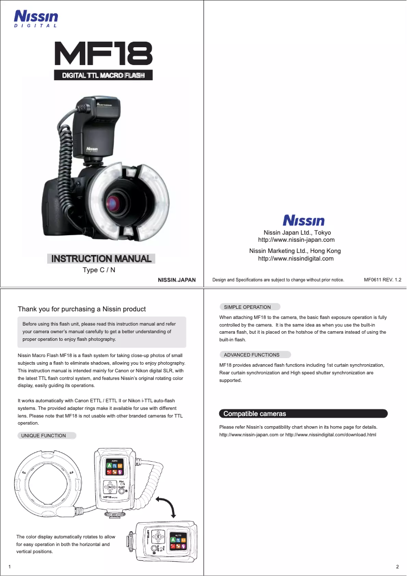 Page 1 de la notice Manuel utilisateur Nissin MF18 Macro Ring