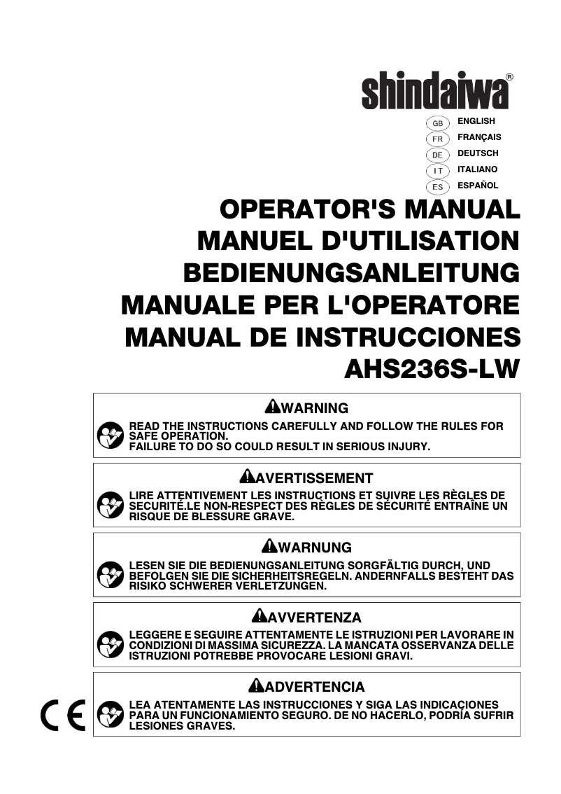 Page 1 de la notice Manuel utilisateur Shindaiwa AHS236S-LW