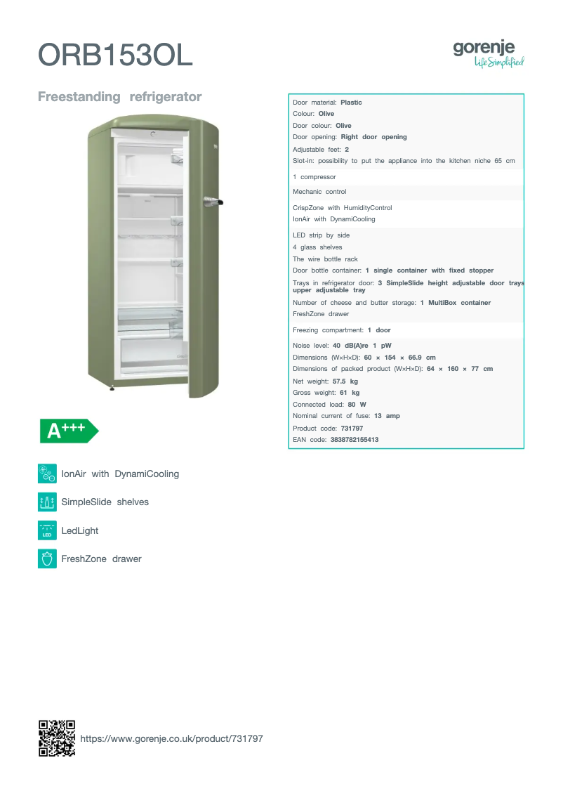 Página 1 del manual Ficha técnica Gorenje ORB153OL