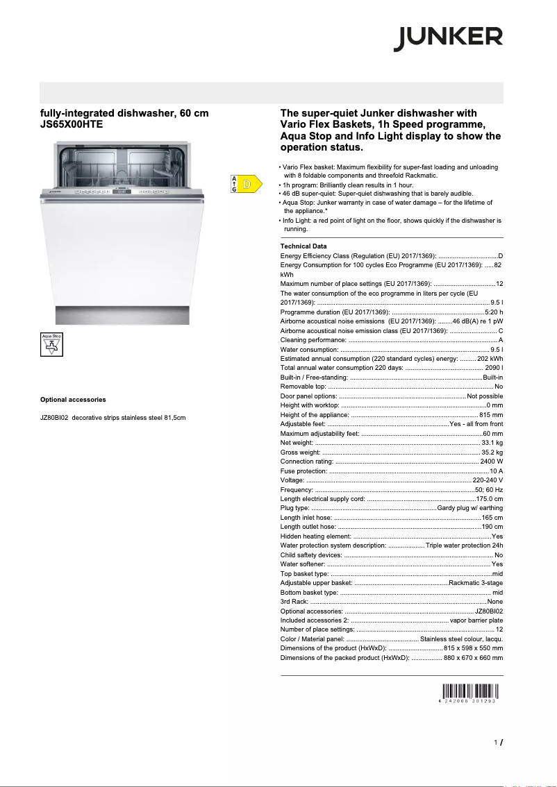 Page 1 de la notice Fiche technique Junker JS65X00HTE
