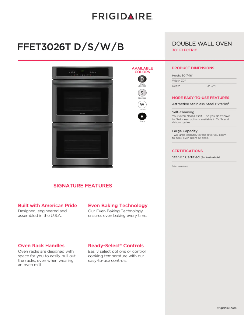 Page 1 de la notice Fiche technique Frigidaire FFET3026TD
