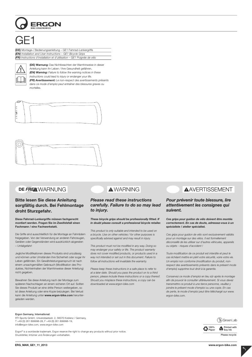 Page 1 de la notice Manuel utilisateur Ergon GE1