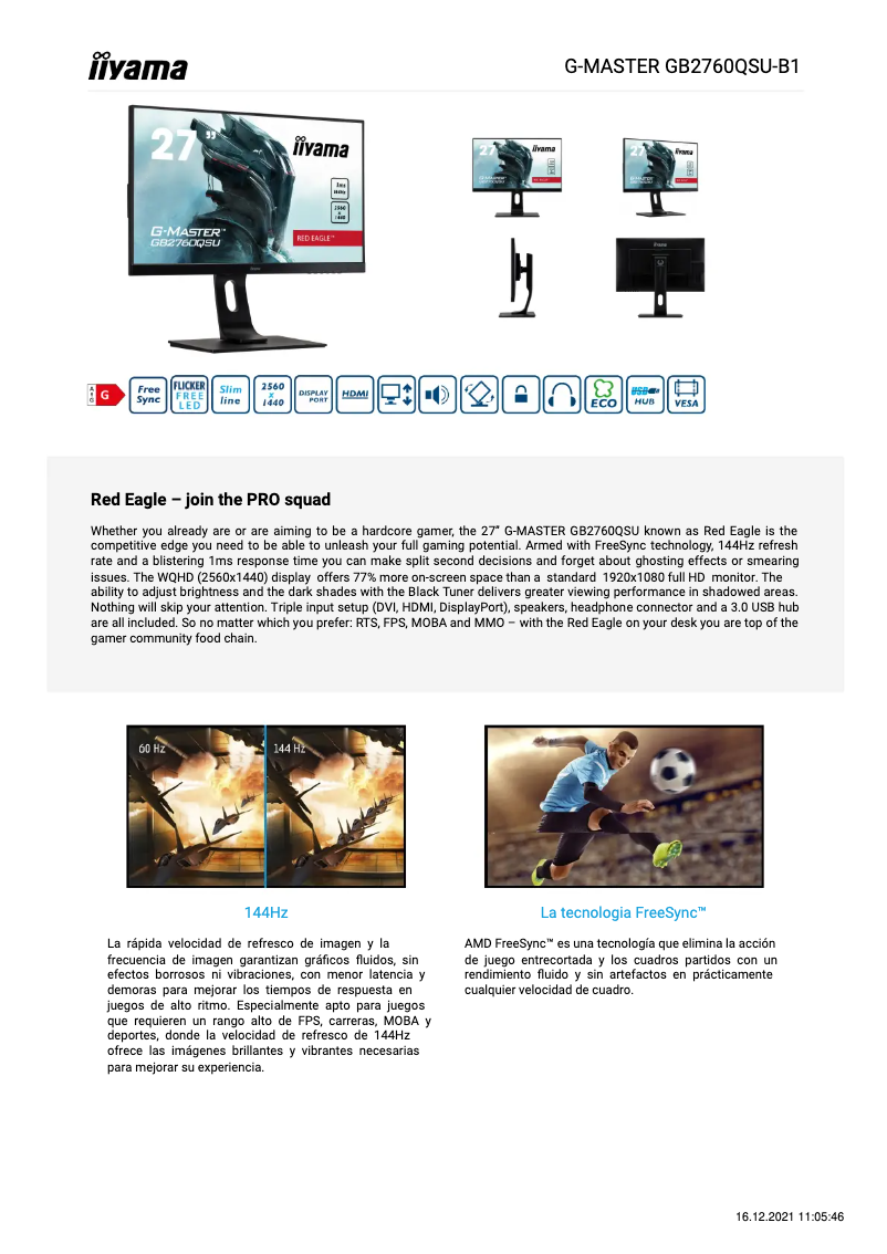Page 1 de la notice Fiche technique Iiyama G-MASTER GB2760QSU