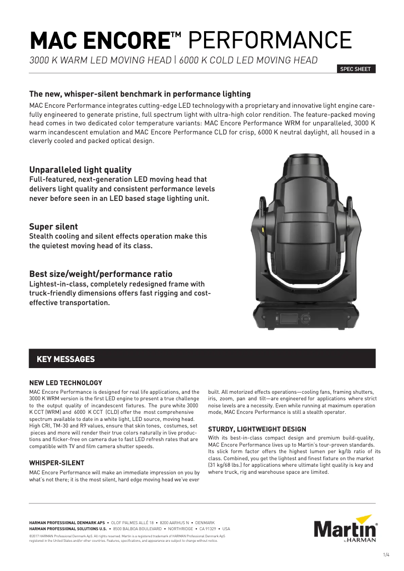 Page 1 de la notice Fiche technique Martin MAC Encore Performance CLD