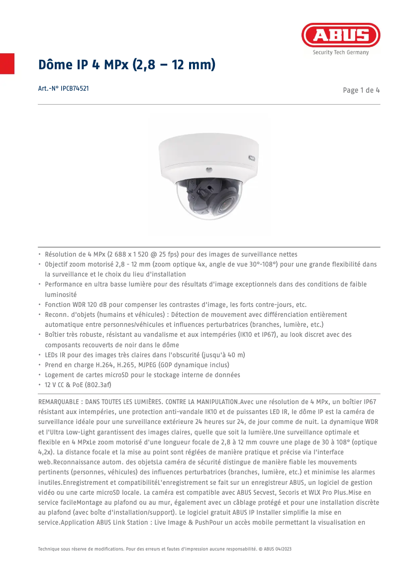 Página 1 del manual Ficha técnica Abus IPCB74521