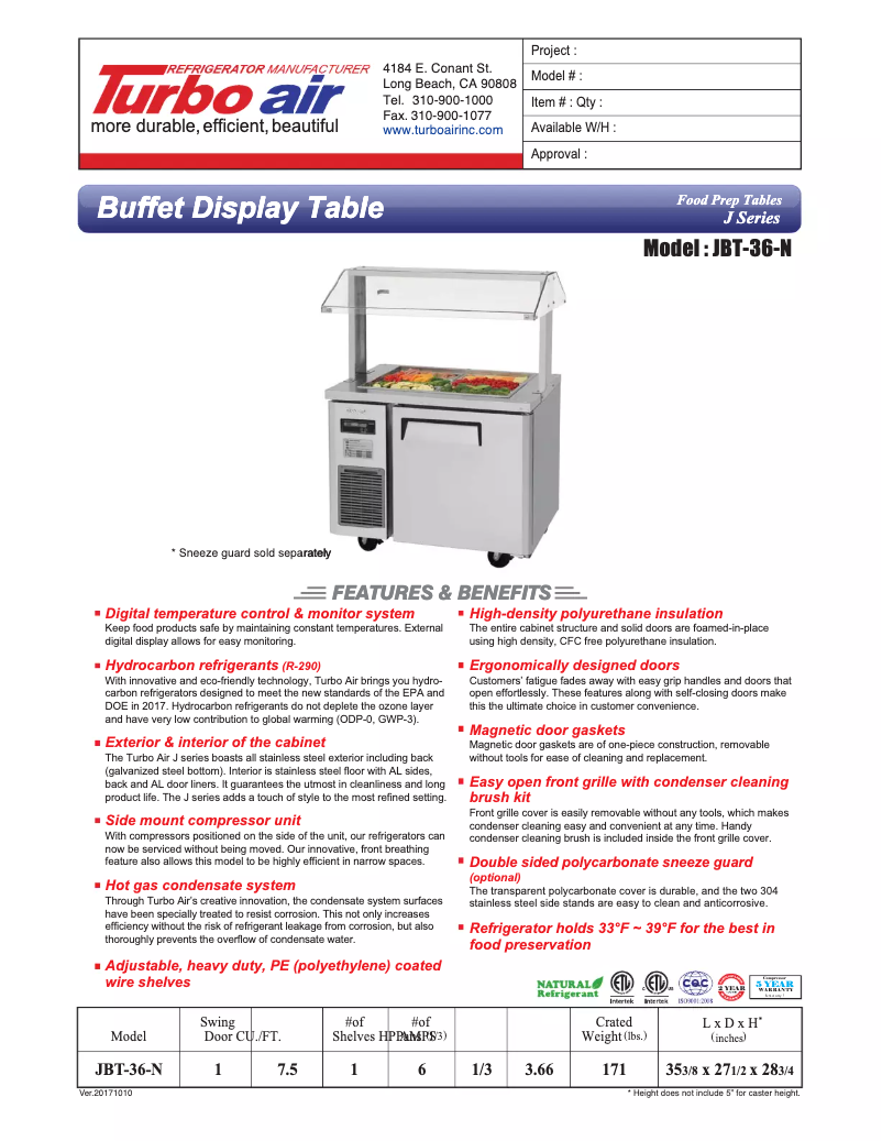 Página 1 del manual Ficha técnica Turbo air JBT-36