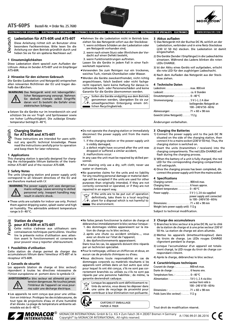 Page 1 de la notice Manuel utilisateur Monacor ATS-60PS