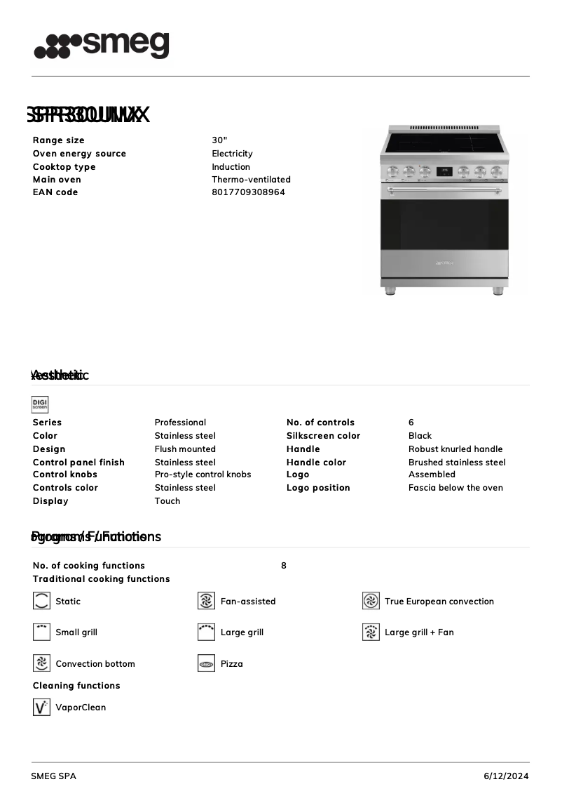 Page 1 de la notice Fiche technique Smeg SPR30UIMX
