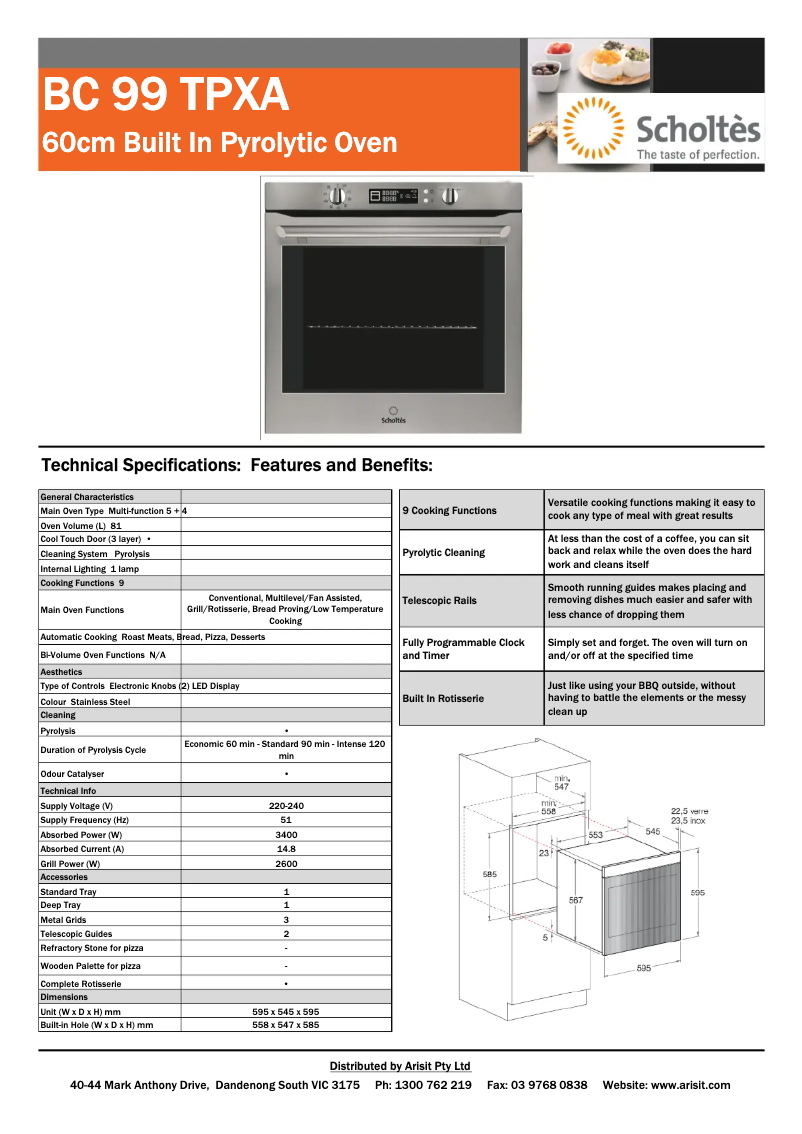 Page 1 de la notice Fiche technique Scholtès BC 99DT P XA