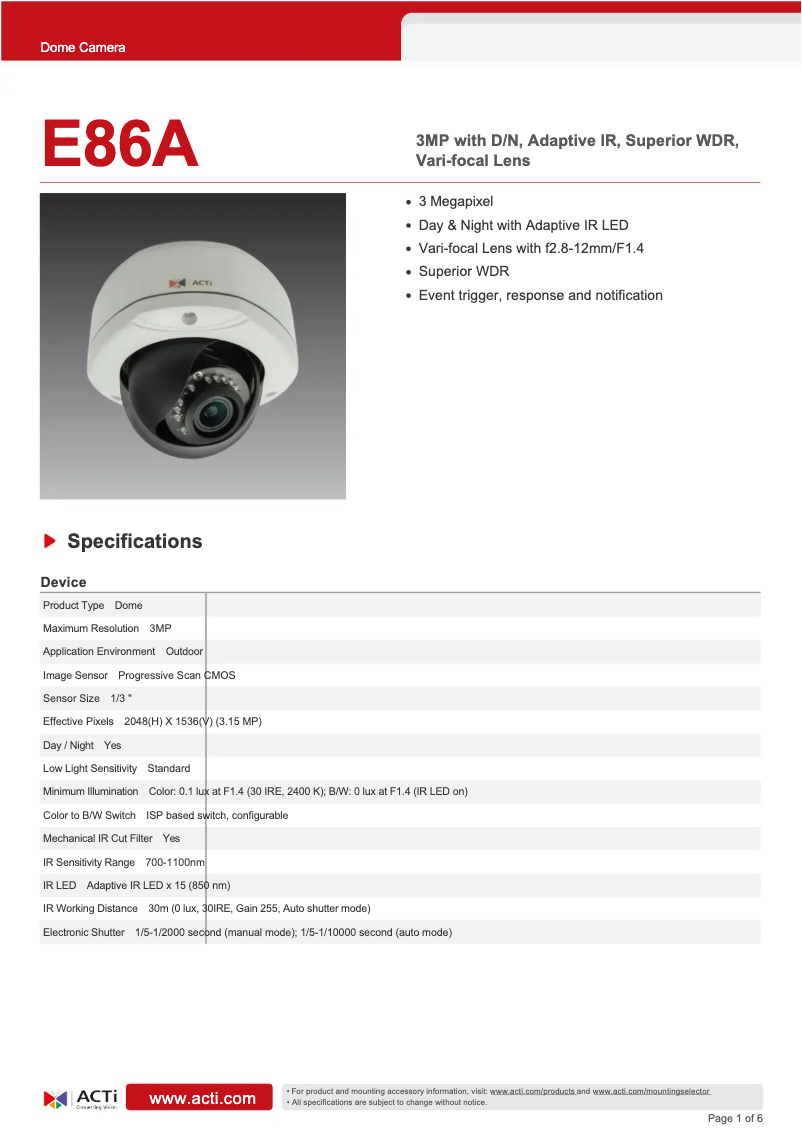 Page 1 de la notice Fiche technique ACTi E86A