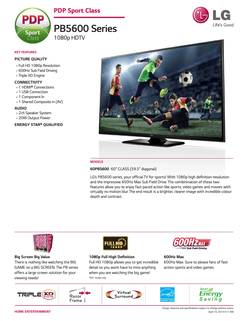 Page 1 de la notice Fiche technique LG 60PB5600