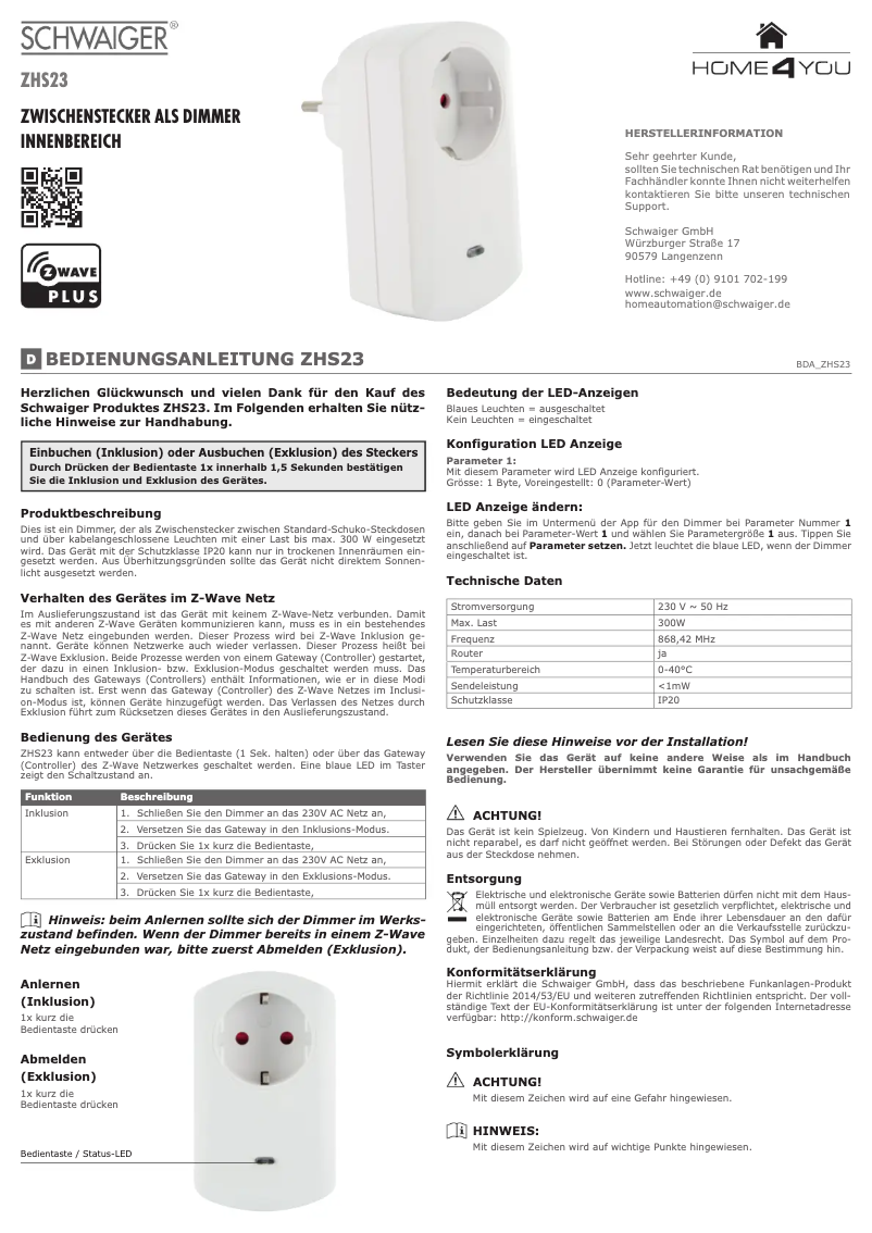 Page 1 de la notice Manuel utilisateur Schwaiger ZHS23
