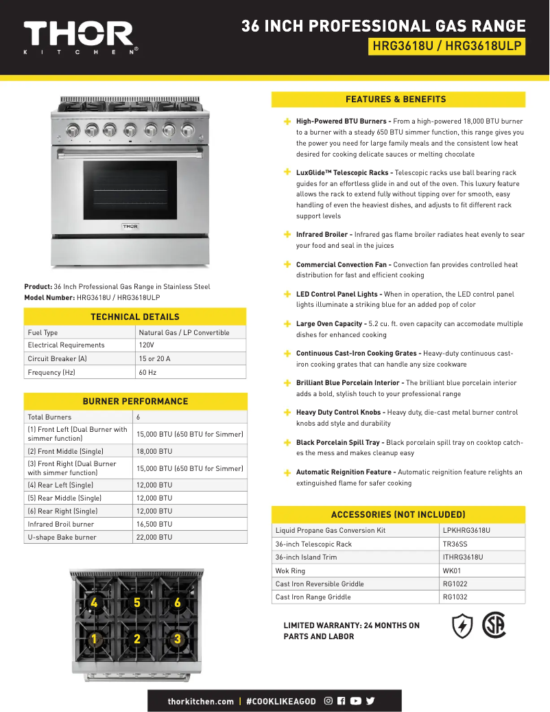 Page 1 de la notice Fiche technique Thor HRG3618ULP