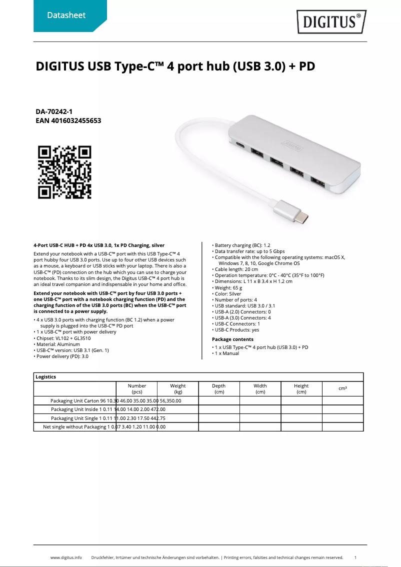 Page 1 de la notice Fiche technique Digitus DA-70242-1