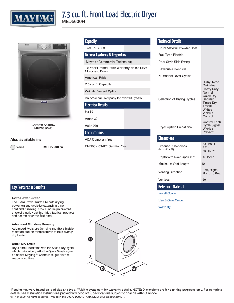 Page 1 de la notice Fiche technique Maytag MED5630HW